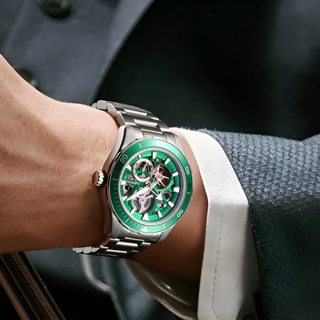 Mark Fairwhale AETREON Viridium Core – Luminous green skeleton tourbillon watch for men with stainless steel strap and automatic movement