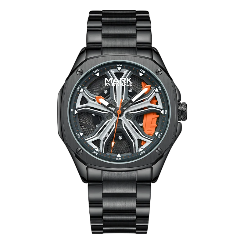 Black wristwatch with detailed face on a white background