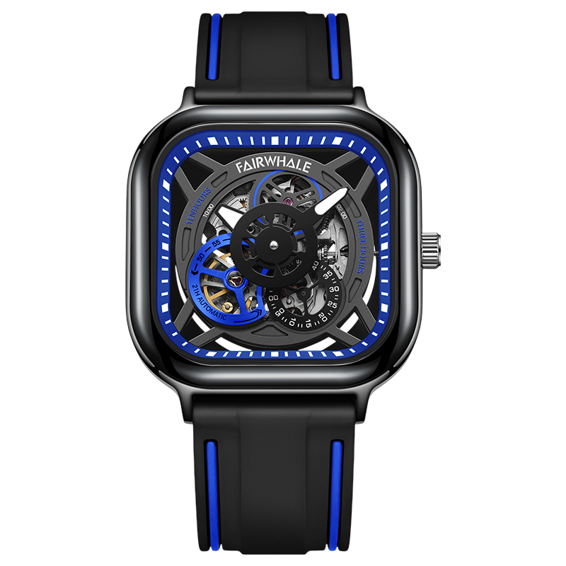 Black and blue watch with visible mechanism on a white background