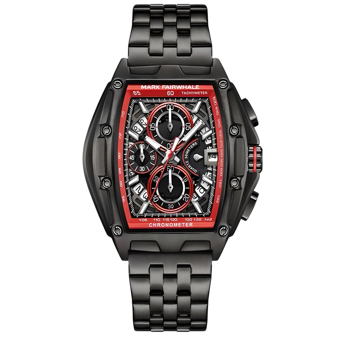 Black and red watch with detailed face on a white background