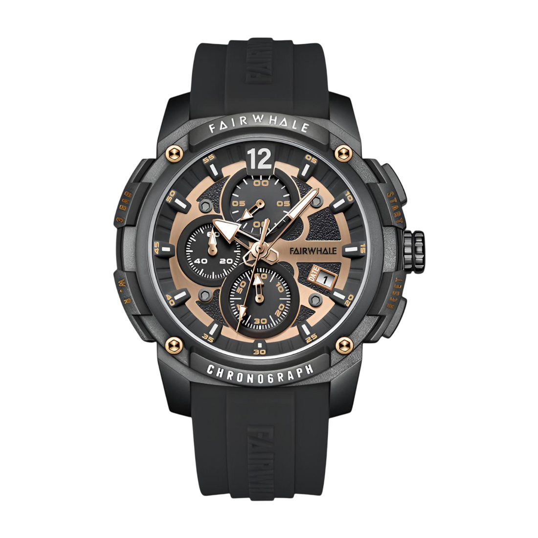 Black and rose gold watch with &