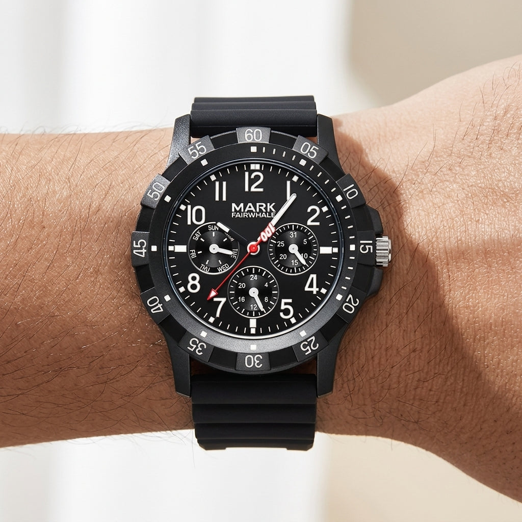Black wristwatch with detailed face on a wrist against a neutral background