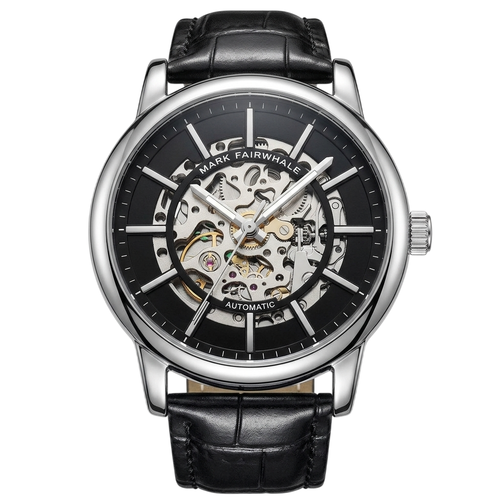 Black wristwatch with visible mechanical components on a white background