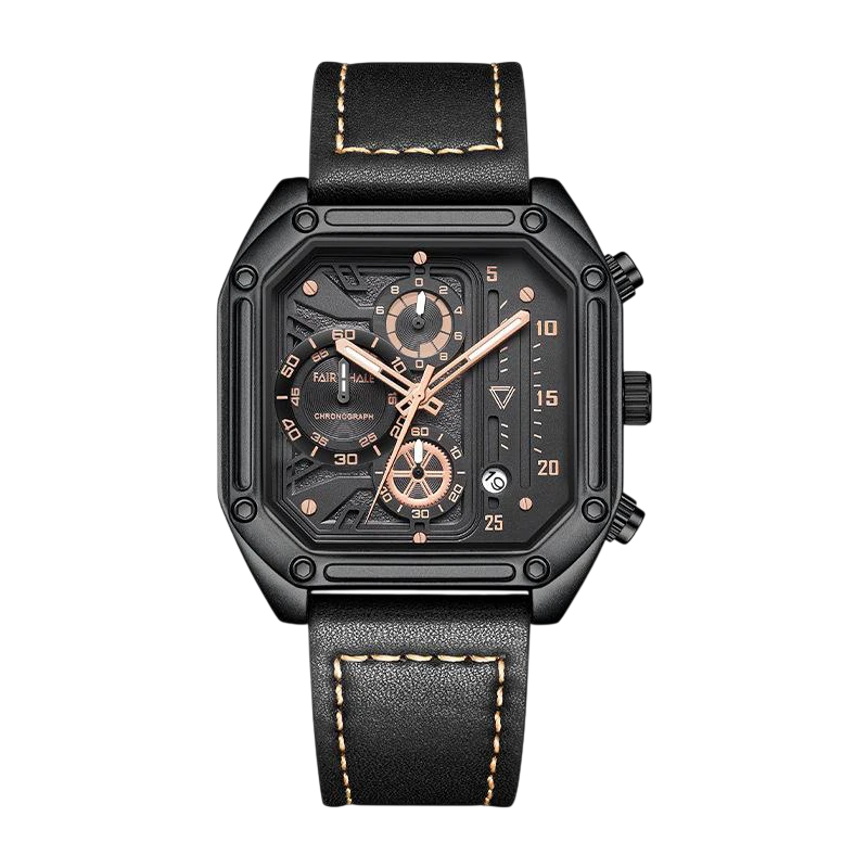 Black wristwatch with detailed face on a white background