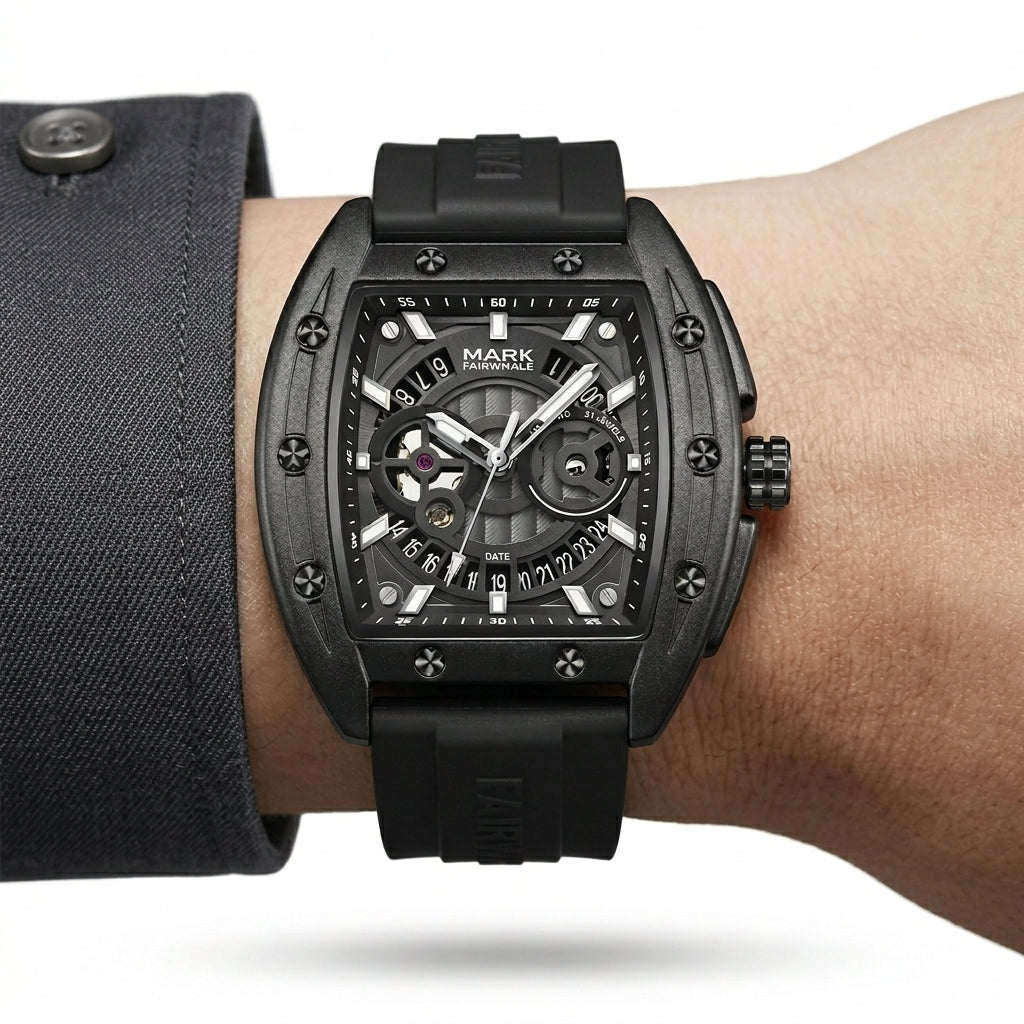 Black wristwatch with detailed design on a person&