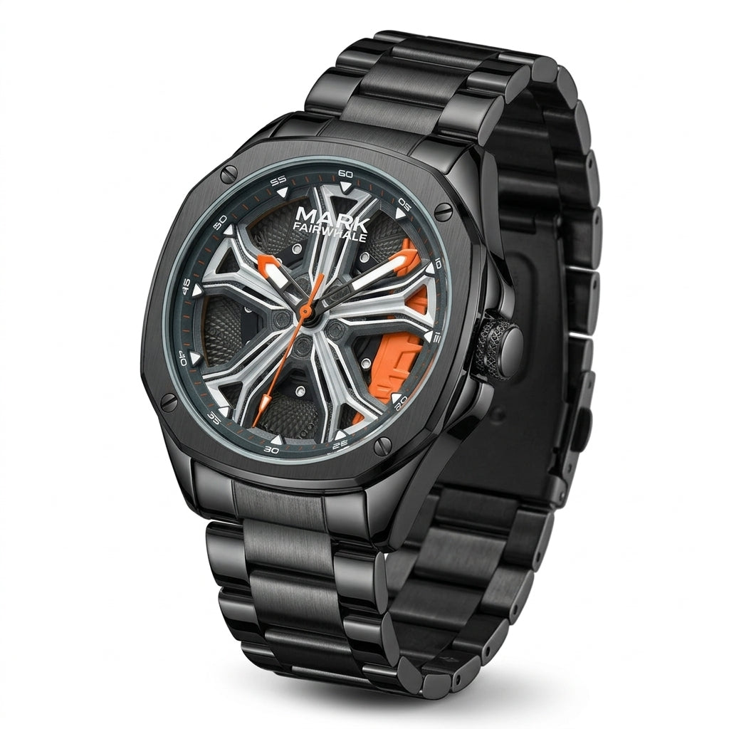 Black wristwatch with orange accents on a white background