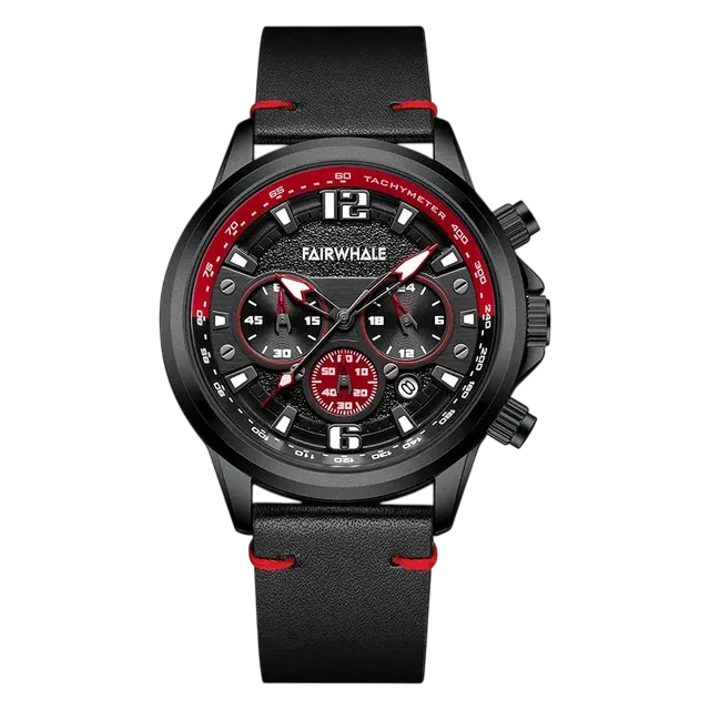 Black wristwatch with red accents on a white background