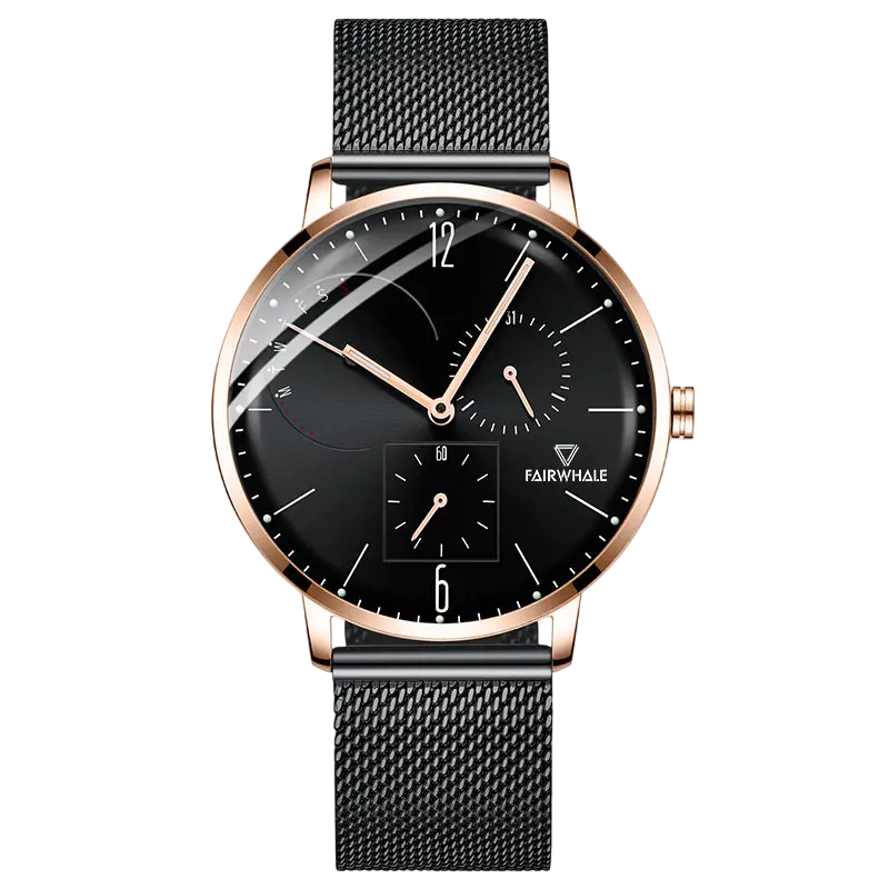 Black wristwatch with rose gold accents on a white background