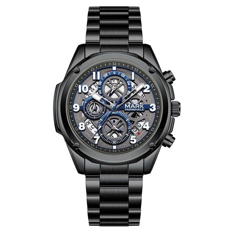 Mark Fairwhale FW-5049 Me - Black chronograph watch, stainless steel band, white and blue dial