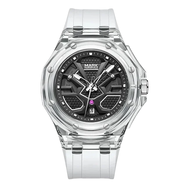 Clear wristwatch with black face on a white background