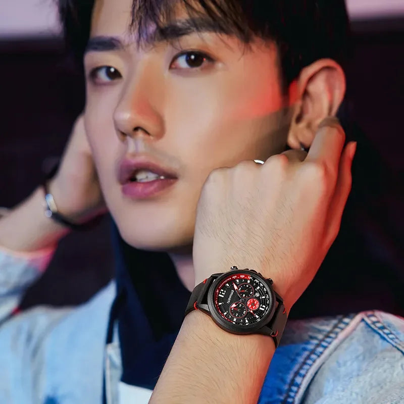 Close-up of Mark Fairwhale FW5580 IGNIS chronograph men’s watch showing tachymeter bezel, Arabic numerals and precision racing-inspired dial.