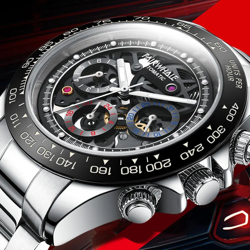 Close-up of 6970 VORTEXIS skeleton dial with luminous hands