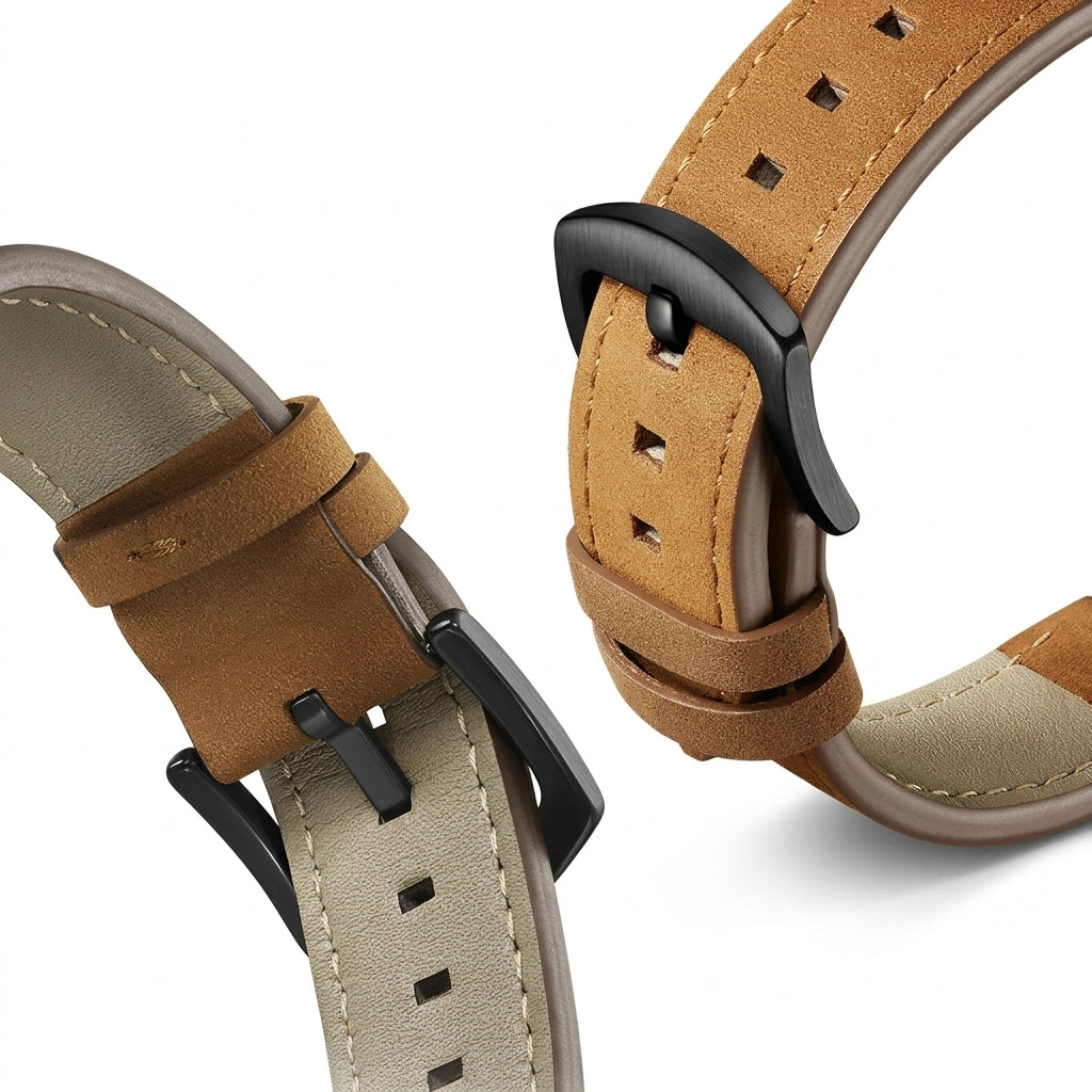 Close-up of a brown leather watch strap with black buckle on a white background