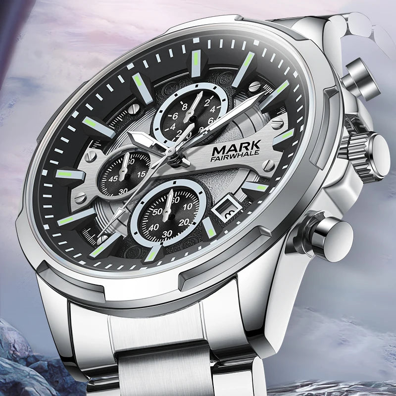 Close-up view of Mark Fairwhale STENTOR 5028 men’s chronograph with luminous hands and multifunction quartz movement