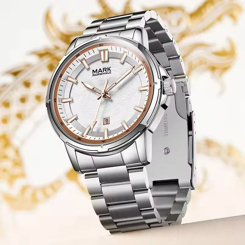 Detail highlights of Mark Fairwhale DRACONIS showing Hardlex crystal, stainless steel strap, and 30M waterproof rating.