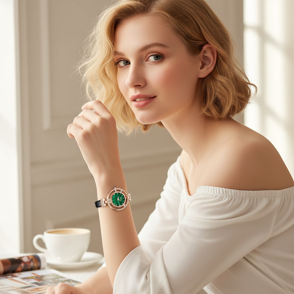 Elegant woman wearing Mark Fairwhale AURELIA 3260 luxury malachite diamond watch with rose gold case