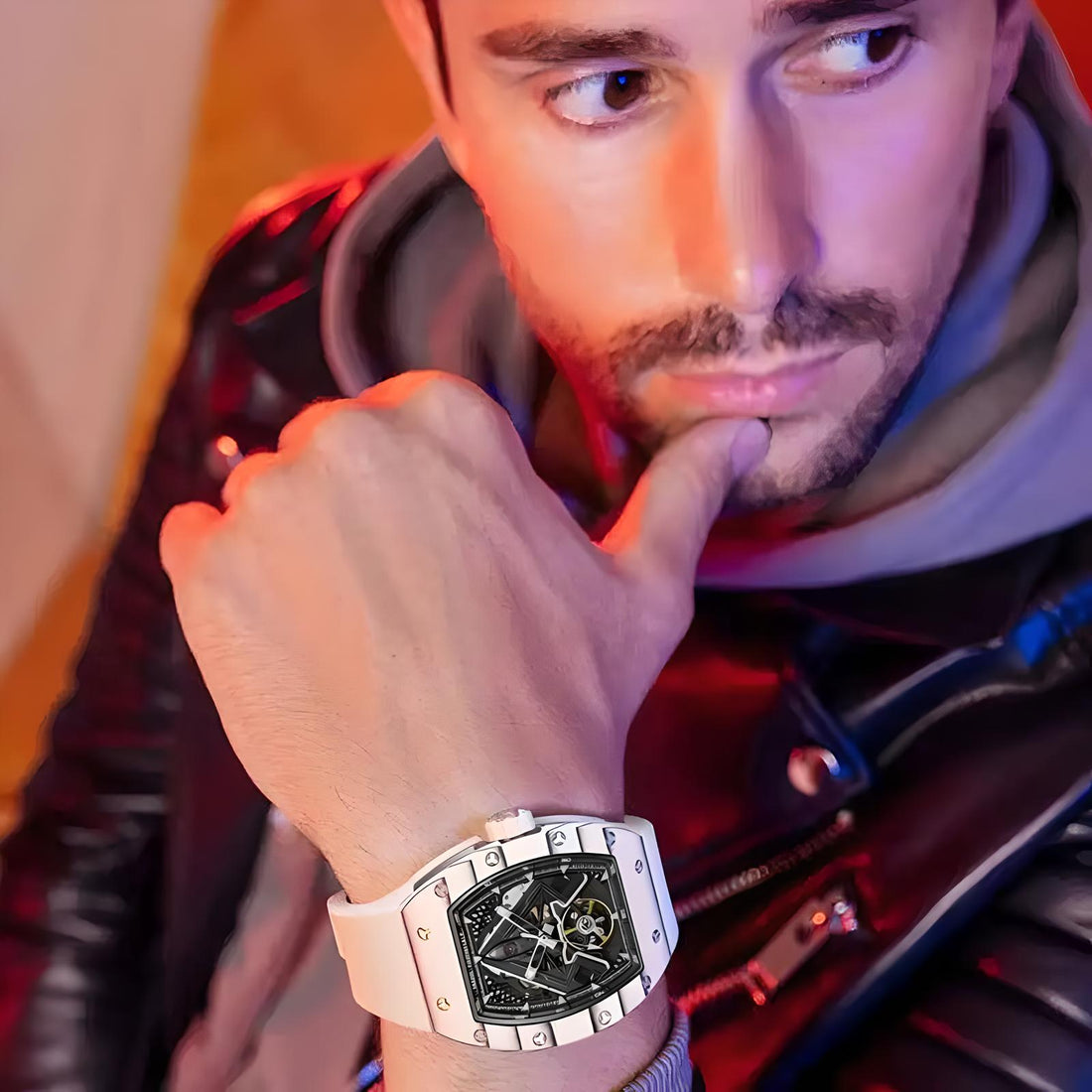 Man wearing the Mark Fairwhale FW-6004 VYNTRO skeleton tourbillon automatic watch with carbon fiber case and fluororubber strap.