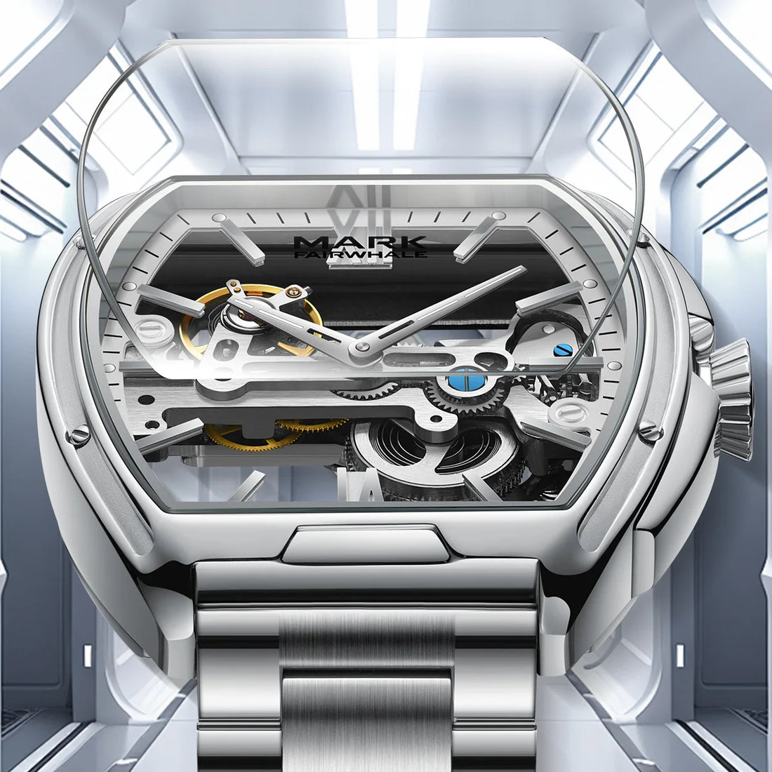 Close-up of the Fairwhale NOVARIS FW-6001 luxury skeleton automatic watch in stainless steel, showcasing its open-worked dial and visible gears.