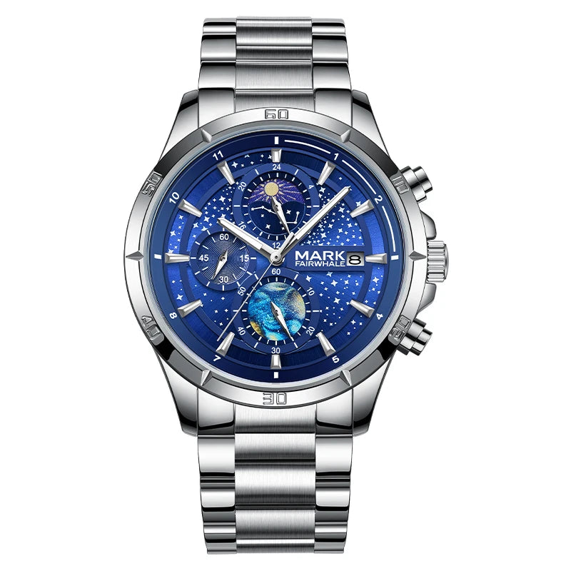 Front view of Mark Fairwhale 5022 VELTRONIX watch with Van Gogh Starry Sky dial and stainless steel strap.