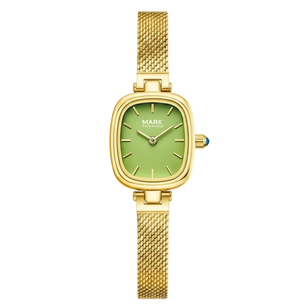 Gold watch with a green face on a white background