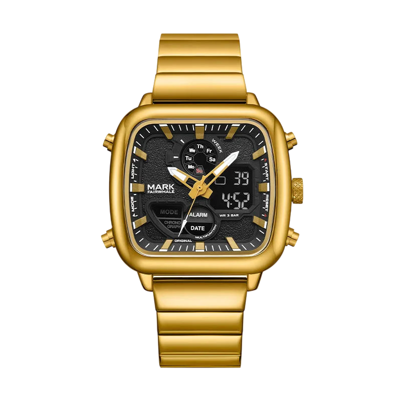 Gold wristwatch with a black face on a white background