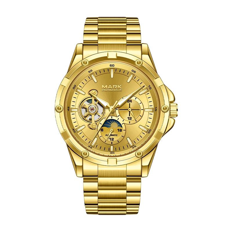 Gold wristwatch with detailed face on a white background