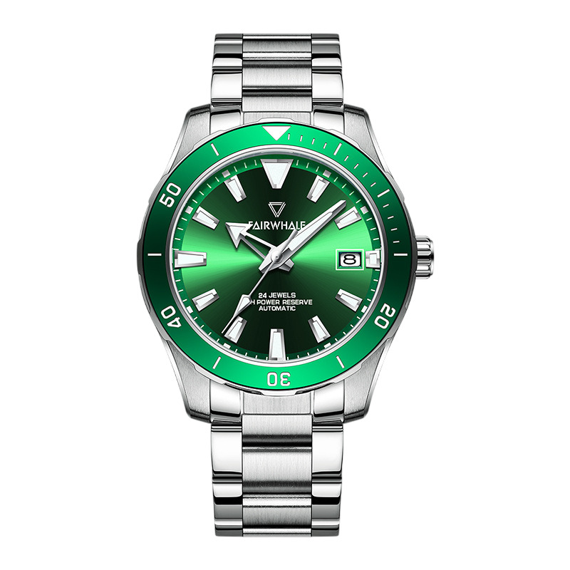 Green watch with silver bracelet on a white background
