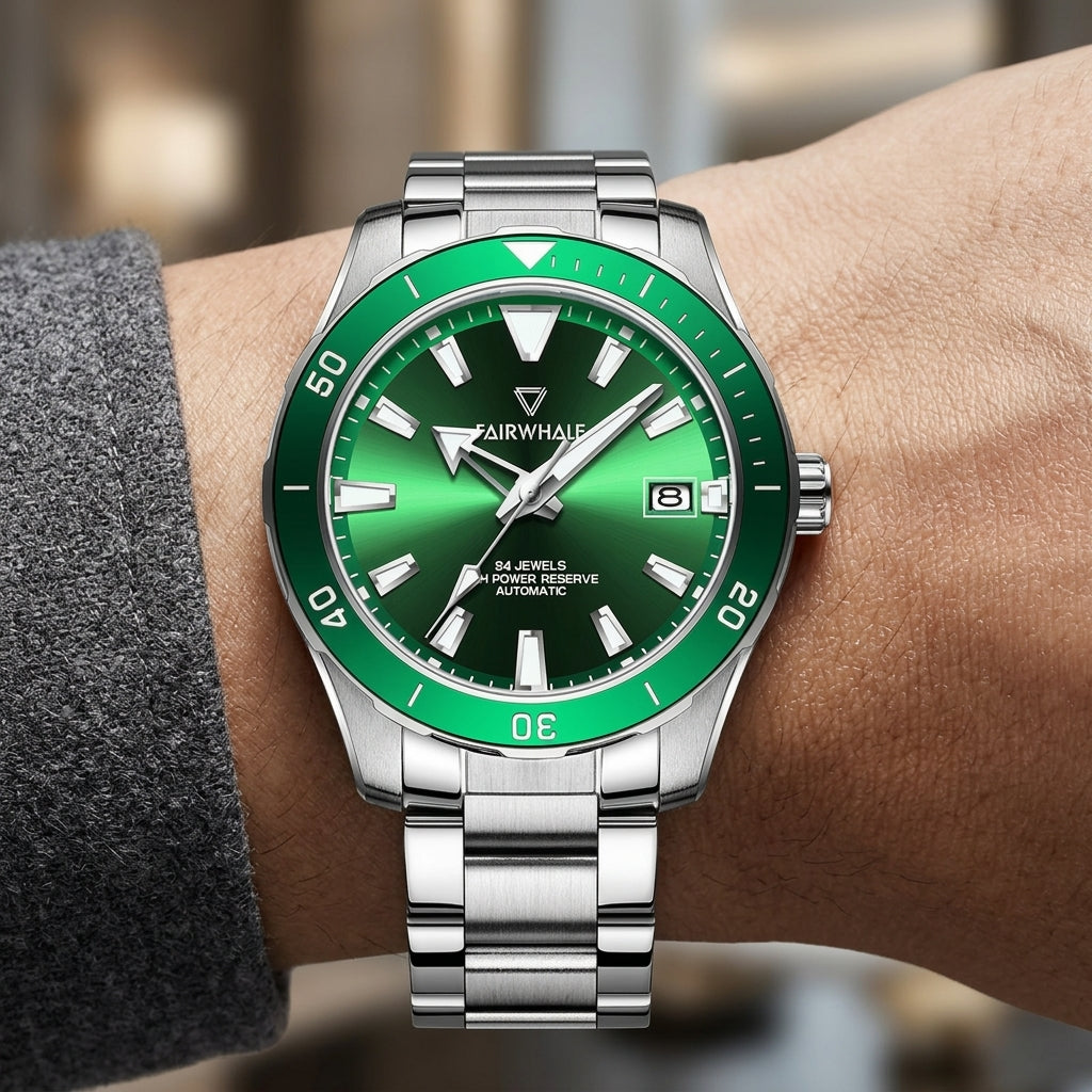 Green watch with silver strap on a wrist against a blurred background