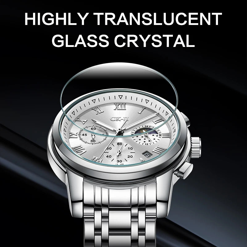 Highly translucent scratch-resistant glass crystal on Mark Fairwhale men’s watch.