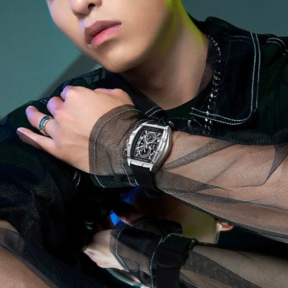 Lifestyle on wrist – Stylish man wearing Mark Fairwhale VERDIX luxury chronograph watch with black strap.