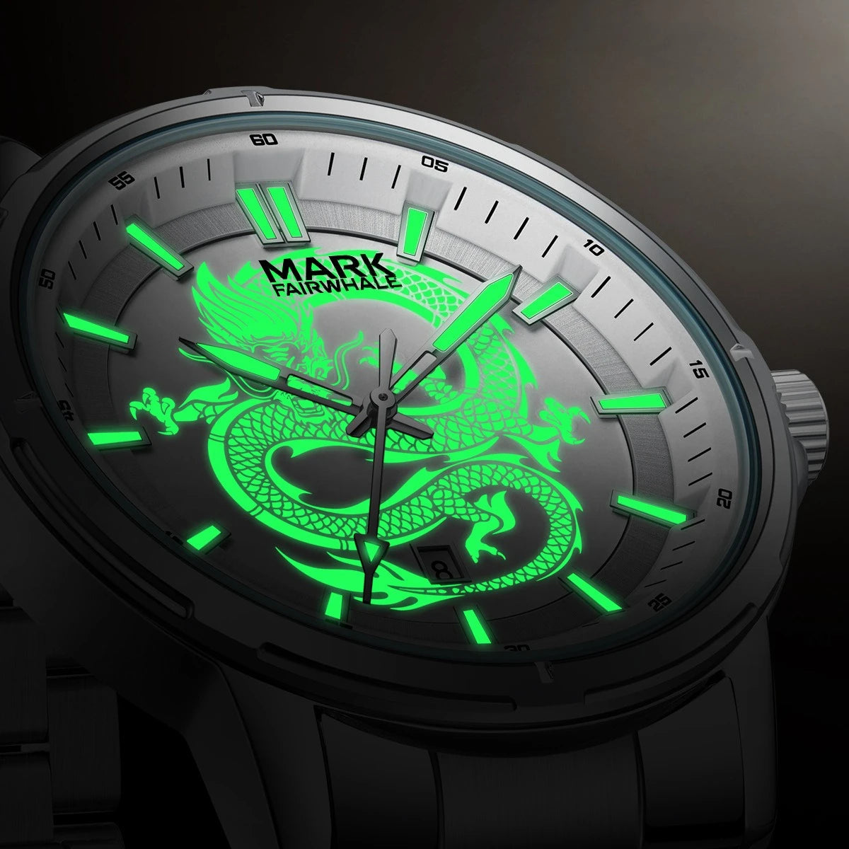 Luminous dragon dial glowing green in the dark on Mark Fairwhale DRACONIS men’s wristwatch.