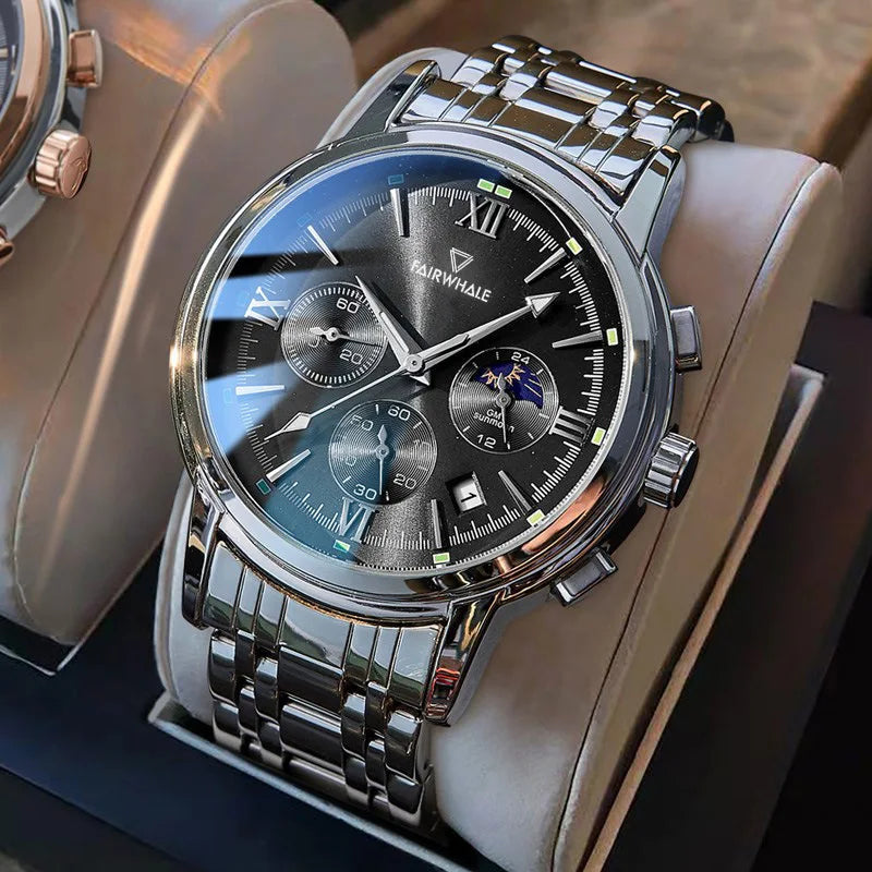 Luxury Fairwhale LUNARYS 5630 automatic moon phase watch showcased in a watch box with stainless steel bracelet