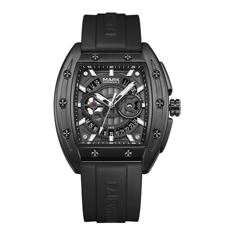 Luxury Fairwhale tonneau watch black dial black case black rubber strap automatic mechanical wristwatch front view