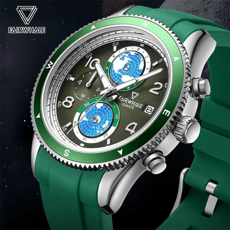 Luxury Mark Fairwhale VELTORIX 5730 chronograph watch in stainless steel with luminous hands and green silicone band
