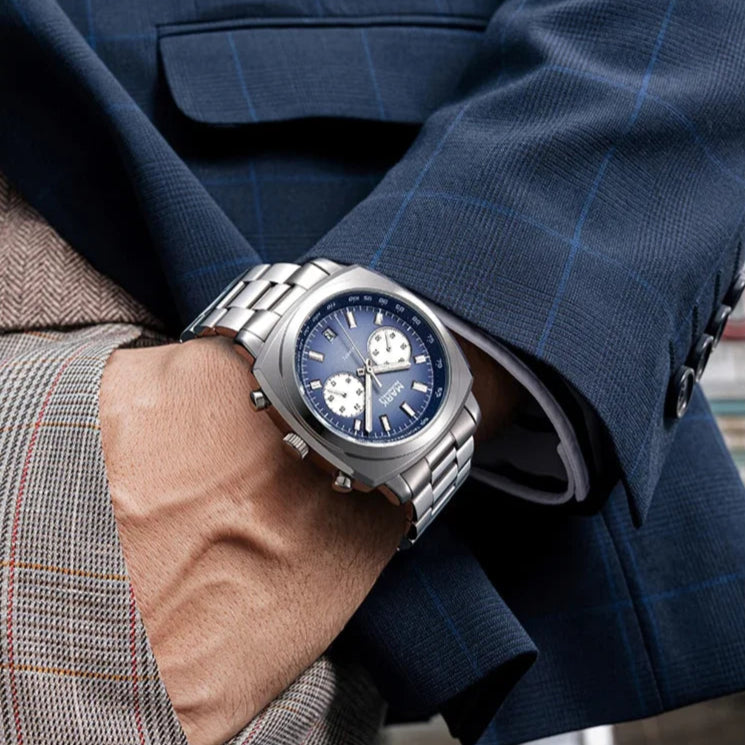 Luxury business watch AURIXON worn with a navy suit, symbolizing professional elegance.