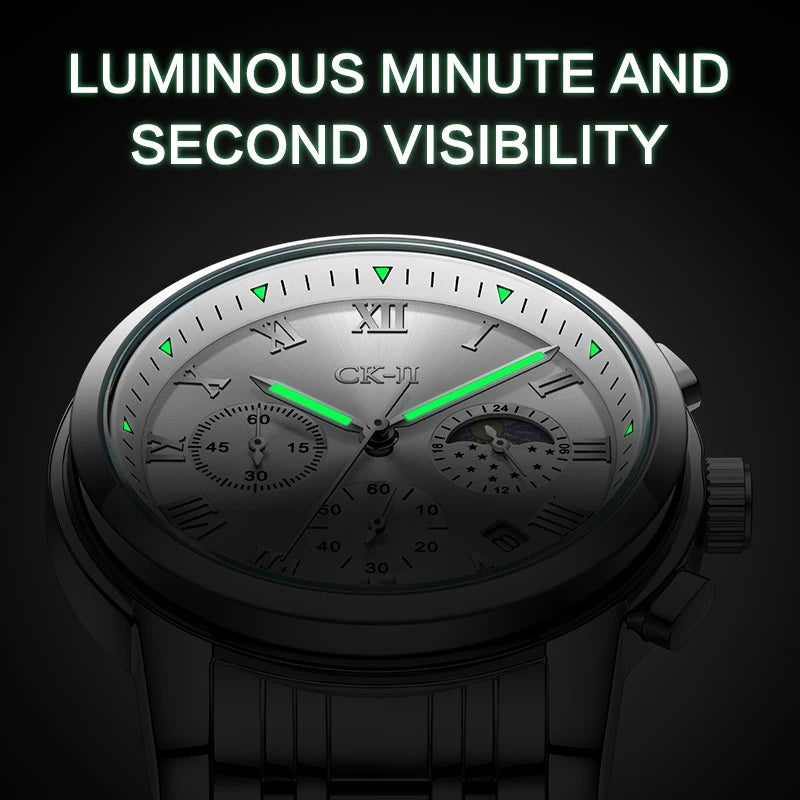 Luxury men’s quartz chronograph watch with Roman numerals and complete calendar.