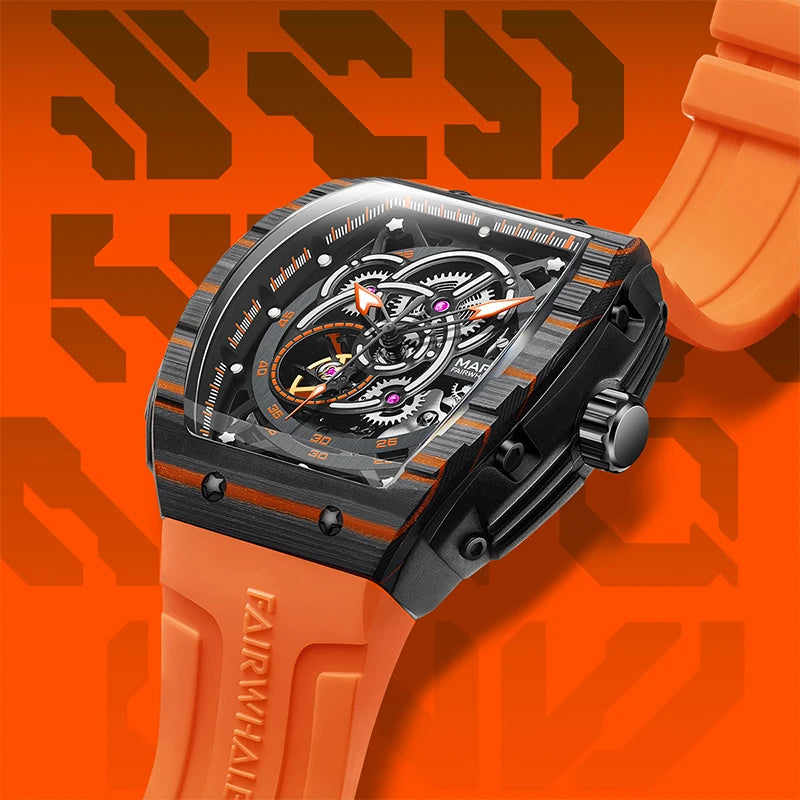 Luxury men’s skeleton tourbillon watch by Fairwhale featuring carbon fiber case, orange strap, and high-precision automatic movement.