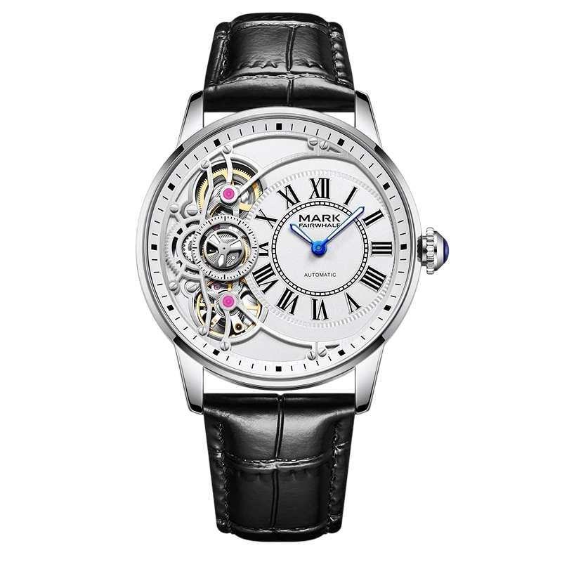Luxury watch with black leather strap and visible brand name on white background