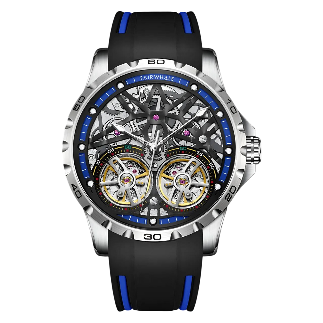 Luxury watch with black strap and blue accents on a white background