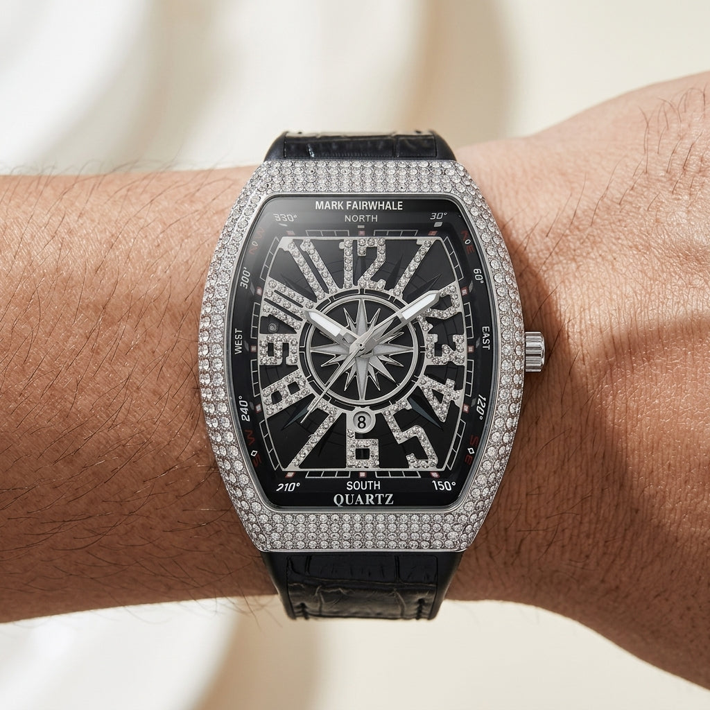 Luxury watch with diamond-studded case on a wrist against a neutral background