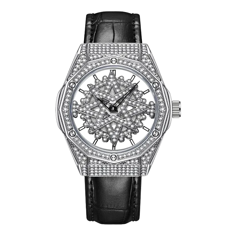 Luxury watch with diamond-studded face and black leather strap on white background