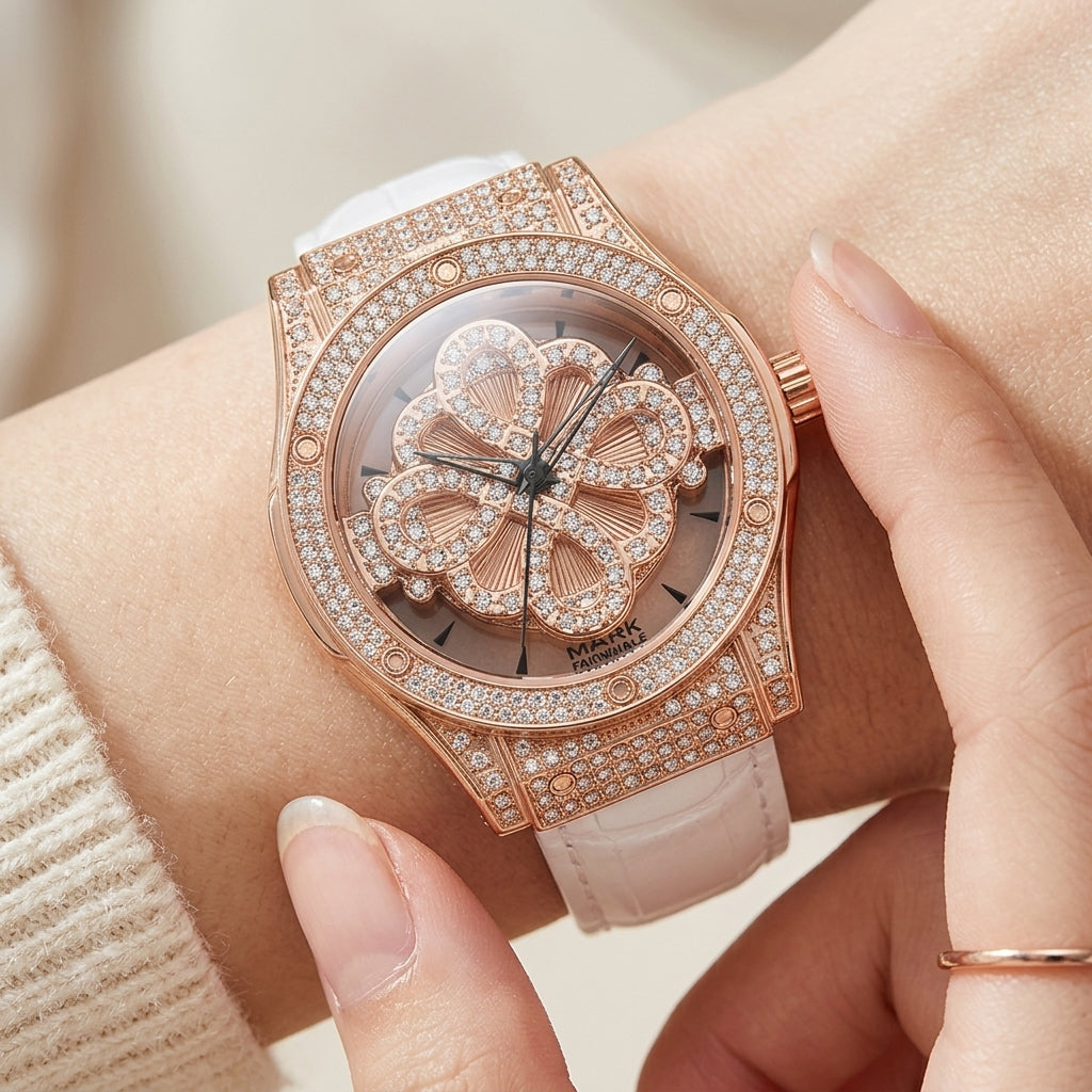 Luxury watch with rose gold case and white strap worn on wrist