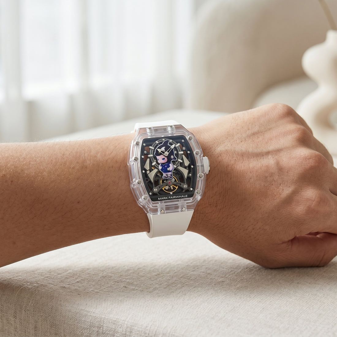Luxury watch with transparent case on a person&