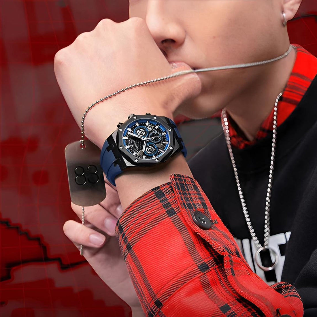 Man wearing Mark Fairwhale 5660 ZYRON chronograph blue strap quartz watch with skeleton dial