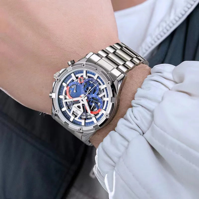 Man wearing Mark Fairwhale ASTRION chronograph watch with stainless steel strap, showcasing modern luxury style.