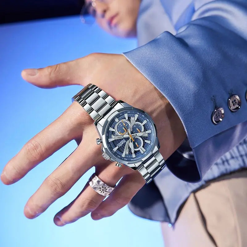 Man wearing Mark Fairwhale GIFTOR 5032 luxury chronograph watch with polished steel strap.