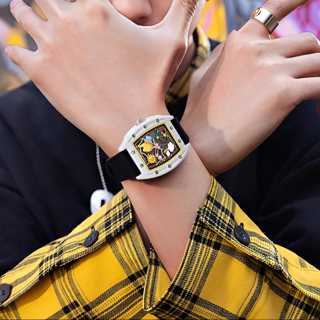 Man wearing Mark Fairwhale FW-6930 GRAFITO skeleton automatic watch with graffiti dial and black silicone strap, styled with streetwear fashion.