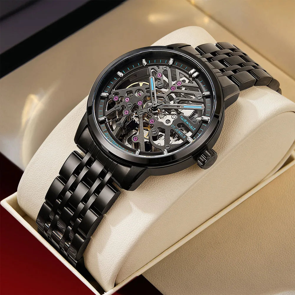 Mark Fairwhale THERIX Obsidian Frame – Black skeleton dial tourbillon automatic watch for men with stainless steel bracelet
