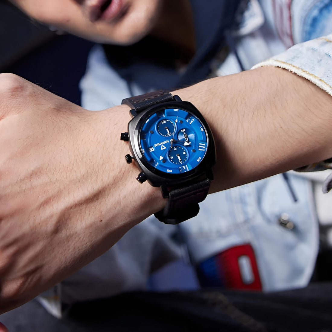 Mark Fairwhale AEROCOMMANDER FW-5510 Military Watch with blue dial and black leather strap