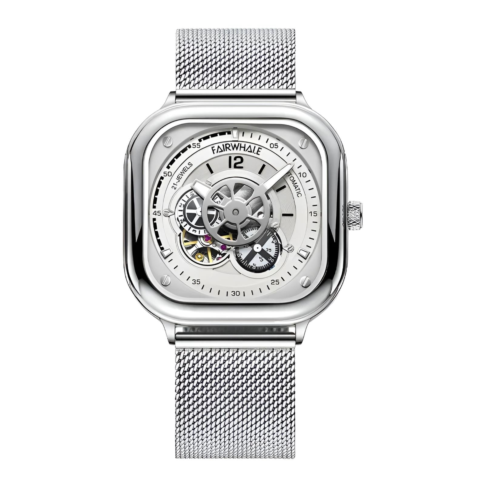 Mark Fairwhale AUREOXIS Luminar – Silver-tone automatic watch with luminous hands and open-heart movement, minimalist square design for men